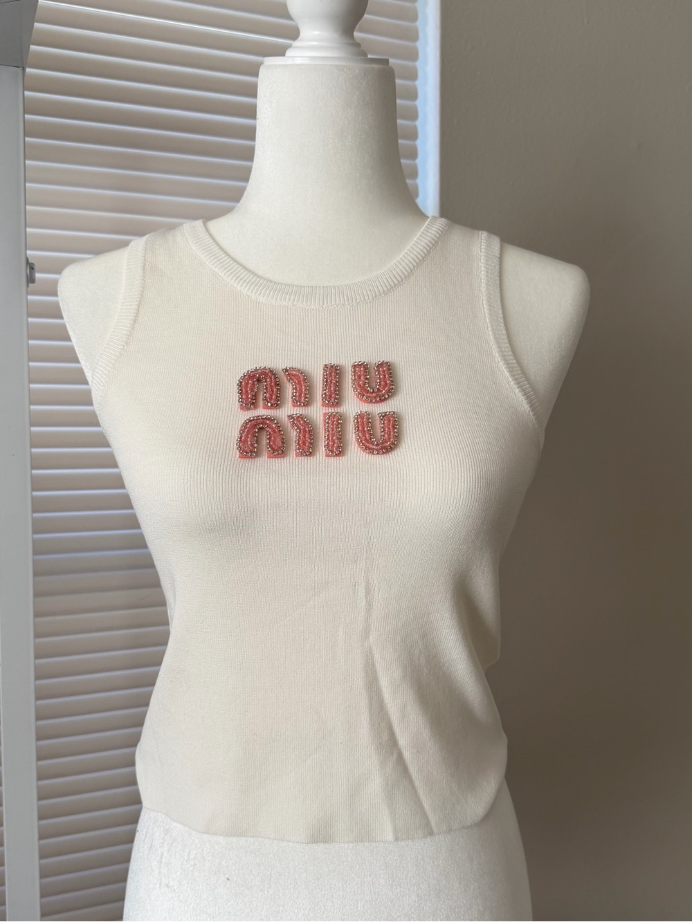 Cream Knit Tank with Pink Beaded Logo